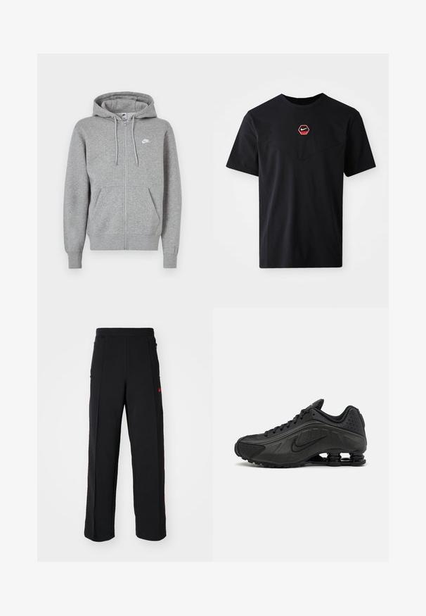 Hall hallikangast lukuga dressipluus. Sellel on nööriga kapuuts, kaks esitaskut ja väike valge logo rinnal.; Must puuvillane lühikeste varrukatega T-särk, millel on rinnal kuusnurkne punase ja valge Nike logo ning ümar kaelus.; Mustad spordipüksid, millel on lahti istuv lõige, tõmblukuga punased aktsendid ja küljetaskud. Kangas näib olevat pehme ja sile tekstuur.; Mustad mustat jooksujalad, millel on sile sünteetiline ülemus, perforatsioonid, tekstureeritud külgpaneelid ja eristuv elastne tall.