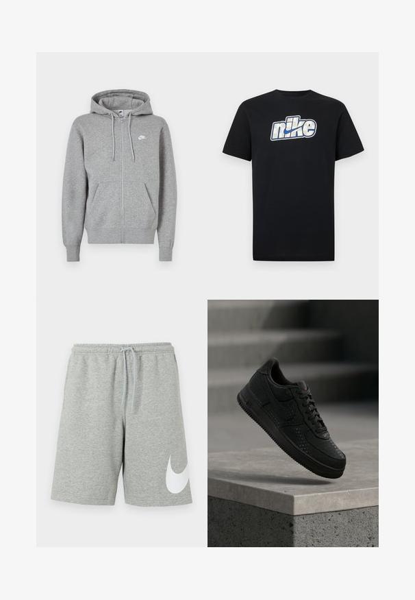 Grauer Kapuzenpullover mit Reißverschluss aus weichem Stoff. Verfügt über eine Kapuze mit Kordelzug, zwei Fronttaschen und ein kleines weißes Logo auf der Brust.; Schwarzes kurzärmliges T-Shirt mit einem großen weißen und blauen Nike-Logo und Swoosh, mittig auf der Brust.; Hellgraue Sportshorts mit elastischem Bund, Kordelzug und großem weißen Nike-Swoosh-Logo am linken unteren Bein.; Schwarzer Nike-Sneaker mit perforierten Details, der über einer Betonbrüstung schwebt, vor einem verschwommenen grauen Hintergrund.