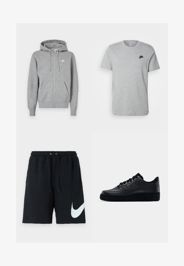 Hall hallikangast lukuga dressipluus. Sellel on nööriga kapuuts, kaks esitaskut ja väike valge logo rinnal.; Halli lühikeste varrukatega T-särk, mis on valmistatud puuvillast ja millel on rinnal must Nike'i logo ning ümar kaelus. Minimalistlik disain, ilma mustriteta.; Must värvi puuvillased lühikesed püksid, millel on elastne vöökoht, pael, küljetaskud ja suur valge Nike logo prinditud vasakule küljele.; Mustad Nike Air Force 1 tossud musta sileda nahast, perforatsioonidega varvas hingavuse tagamiseks, mustad paelad ja tekstureeritud kummitald.
