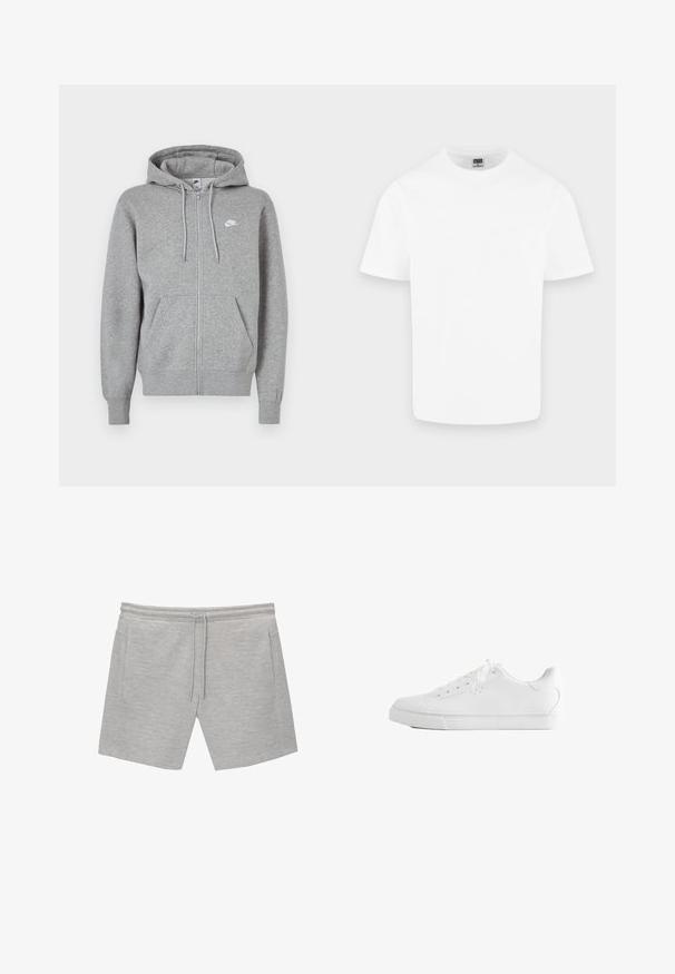 Sweat à capuche gris avec fermeture éclair, en tissu doux. Comprend une capuche avec cordon de serrage, deux poches avant et un petit logo blanc sur la poitrine.; T-shirt blanc uni en coton à manches courtes et col rond présenté sur un fond gris clair.; Shorts en coton gris au toucher doux, taille élastique, fermeture à cordon de serrage et deux poches latérales. Design simple sans motifs visibles.; Baskets basses blanches avec lacets, dessus en cuir lisse et semelle extérieure en caoutchouc plate, vues de côté sur fond blanc.