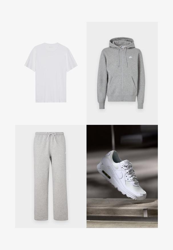 Sweat à capuche gris avec fermeture éclair, en tissu doux. Comprend une capuche avec cordon de serrage, deux poches avant et un petit logo blanc sur la poitrine.; T-shirt en coton blanc à manches courtes, col rond et texture lisse. Présente un branding minimal au niveau du col.; Pantalon de survêtement gris avec taille élastique et cordon de serrage. Confectionné en tissu doux, il présente des jambes droites et un détail de logo discret.; Sneaker Nike Air Max 90 blanche avec une tige en mesh et cuir, une boîte à orteils perforée et une unité air visible au talon.