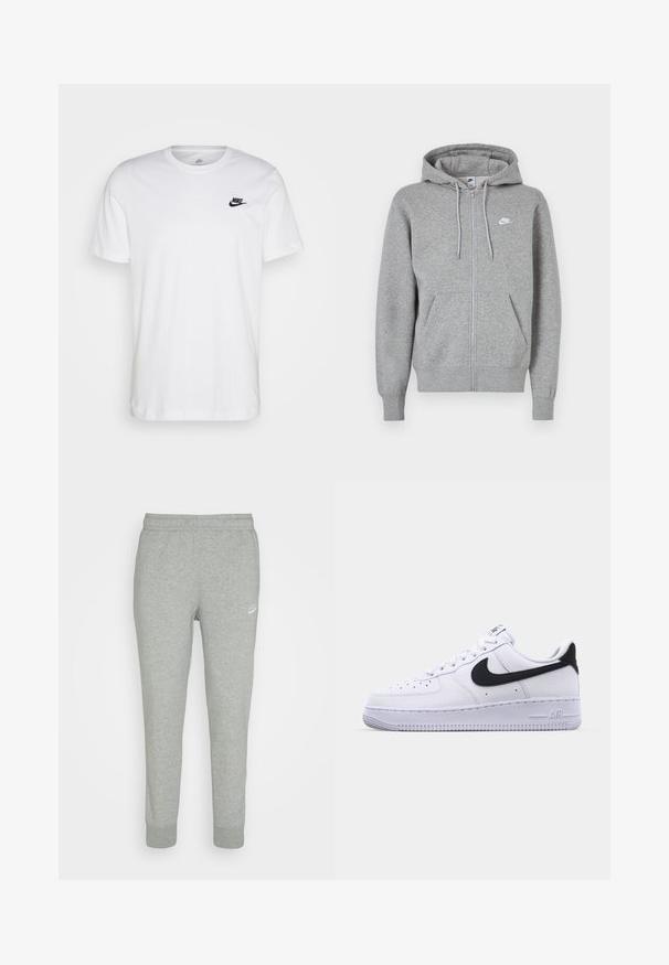 Sweat à capuche gris avec fermeture éclair, en tissu doux. Comprend une capuche avec cordon de serrage, deux poches avant et un petit logo blanc sur la poitrine.; T-shirt en coton blanc avec col rond, manches courtes et logo Nike noir sur la poitrine gauche. Design simple, couleur unie.; Pantalons de survêtement gris en tissu doux, avec une coupe fuselée, une taille élastique et un petit logo Nike blanc sur la cuisse gauche.; Sneaker en cuir blanc avec un Swoosh noir texturé, des lacets plats et une semelle en caoutchouc avec un motif strié. "AIR" est embossé sur le talon.