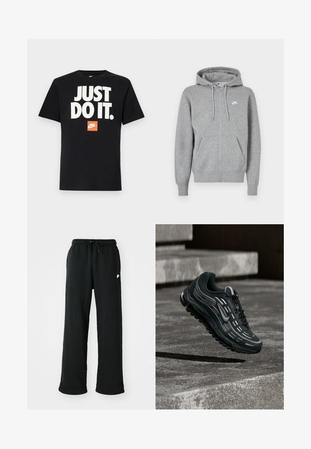 Sudadera con capucha gris con cremallera, confeccionada en tela suave. Cuenta con una capucha con cordón, dos bolsillos delanteros y un pequeño logo blanco en el pecho.; Camiseta de algodón negra con mangas cortas. Presenta un gran texto blanco "JUST DO IT." sobre un pequeño logo naranja de Nike. Diseño estándar de cuello redondo.; Pantalones deportivos negros de tela suave, con una cinturilla elástica y un cordón ajustable, además de un pequeño logo en el lado.; Zapatilla Nike Air Max negra y gris flotando sobre escalones de hormigón gris con fondo de suelo texturizado.