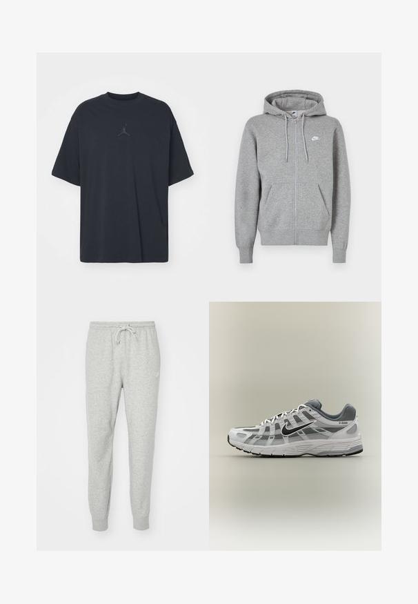 Grijze hoodie met ritssluiting, gemaakt van zachte stof. Voorzien van een capuchon met trekkoord, twee zakken aan de voorkant en een klein wit logo op de borst.; Zwarte katoen T-shirt met een losse pasvorm, ronde hals, korte mouwen, met een subtiele logo en de tekst "AIR" boven het logo in het midden.; Grijze sweatpants gemaakt van zacht materiaal met een elastische tailleband, een trekkoordsluiting en ribgebreide boorden. Voorzien van een klein logo aan de zijkant.; Wit-grijze Nike P-6000 sneaker met zwarte swoosh, mesh panelen en gestructureerde zool, zijaanzicht op een neutrale achtergrond.