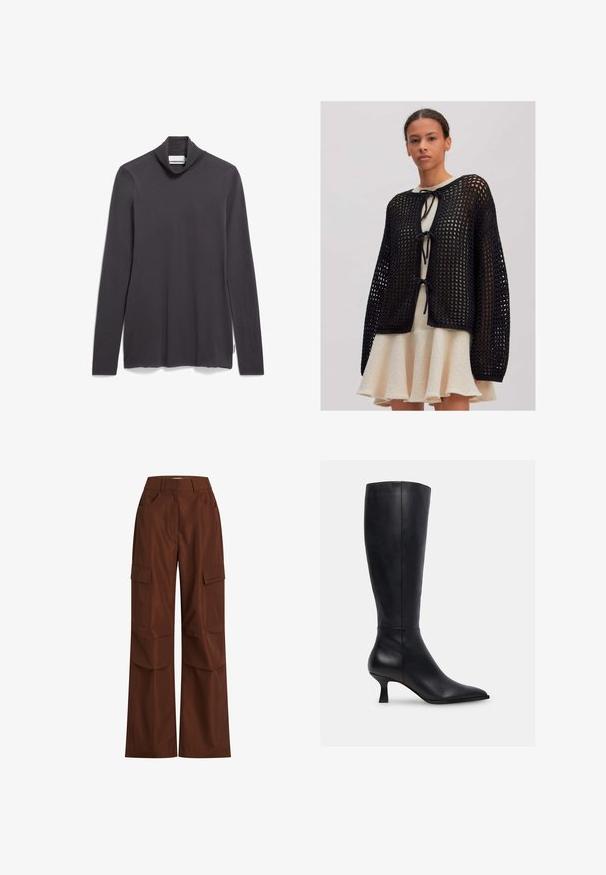 Femme portant un cardigan en maille ajourée noire avec des liens par-dessus une robe crème texturée avec une jupe évasée sur un fond uni.; Top à manches longues et col montant en gris foncé, fabriqué dans un tissu doux. Présente une coupe décontractée avec des fentes latérales et une étiquette sur la couture inférieure gauche.; Pantalons cargo bruns avec jambes larges, plusieurs poches latérales, taille haute et en coton robuste avec une texture lisse.; Bottes noires en cuir montantes avec un bout pointu et un petit talon carré. Texture lisse avec un minimum de détails de couture.