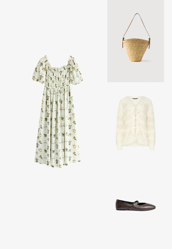 Lette, cremet farvet strikket cardigan med V-hals, åben front, snørelukning og et tekstureret mønster over det hele.; Hvid maxikjole med puffede ærmer, smocked krop og flerfarvede blomster- og frugtmønstre med kursiv skrift.; Brune læder flade sko med rund tå og en justerbar spænde rem over midtfoden. Glat tekstur og minimalistisk design.; Flettet stråtaske med bred bund, smal top og justerbar brun læder skulderrem.