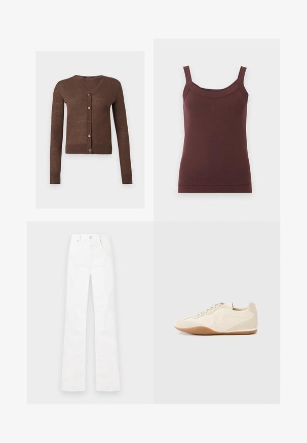 Cardigan marron à manches longues avec col en V, cinq boutons sur le devant et poignets et ourlet côtelés.; Débardeur brun côtelé sans manches avec encolure carrée et logo brodé discret au centre devant.; Jean blanc taille haute à jambe droite avec fermeture à boutons et zip à l'avant, poches latérales, et passants pour ceinture, présenté à plat sur un fond blanc.; Baskets beige clair avec une tige en cuir texturé, des panneaux latéraux texturés et une semelle en caoutchouc. Dotées d'un design fin et épuré ainsi que de lacets plats.