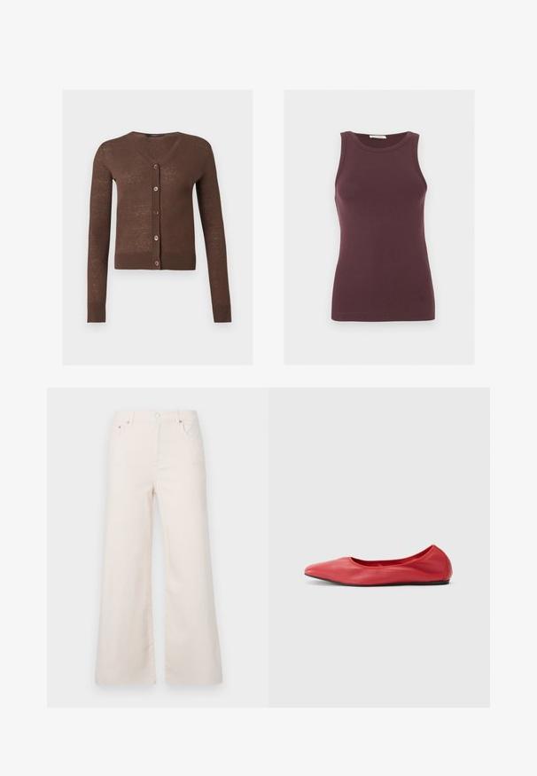 Cardigan marron à manches longues avec col en V, cinq boutons sur le devant et poignets et ourlet côtelés.; Débardeur ajusté sans manches de couleur violet foncé avec un col rond et un logo discret près de l'ourlet, présenté sur un fond clair uni.; Pantalons en denim beige clair à jambes larges, taille haute, avec cinq poches et une fermeture à bouton à l'avant. Texture lisse, détails de couture minimalistes.; Filippa K REY FLATS - Ballerines - bright red