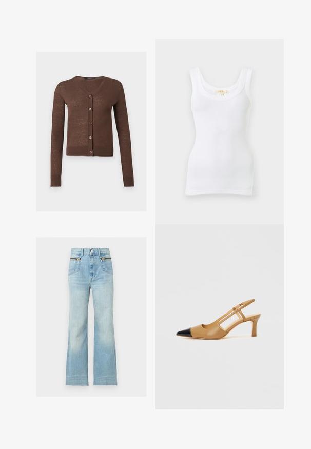Cardigan marron à manches longues avec col en V, cinq boutons sur le devant et poignets et ourlet côtelés.; Débardeur blanc côtelé sans manches avec encolure dégagée, présenté à plat sur un fond clair.; Jean bleu clair taille haute à jambes larges avec poches avant dotées de détails de fermeture éclair dorés et fermeture par bouton à la taille.; Escarpins slingback couleur fauve avec embout pointu noir, côtés découpés et talon bloc de hauteur moyenne. Matière en cuir lisse.