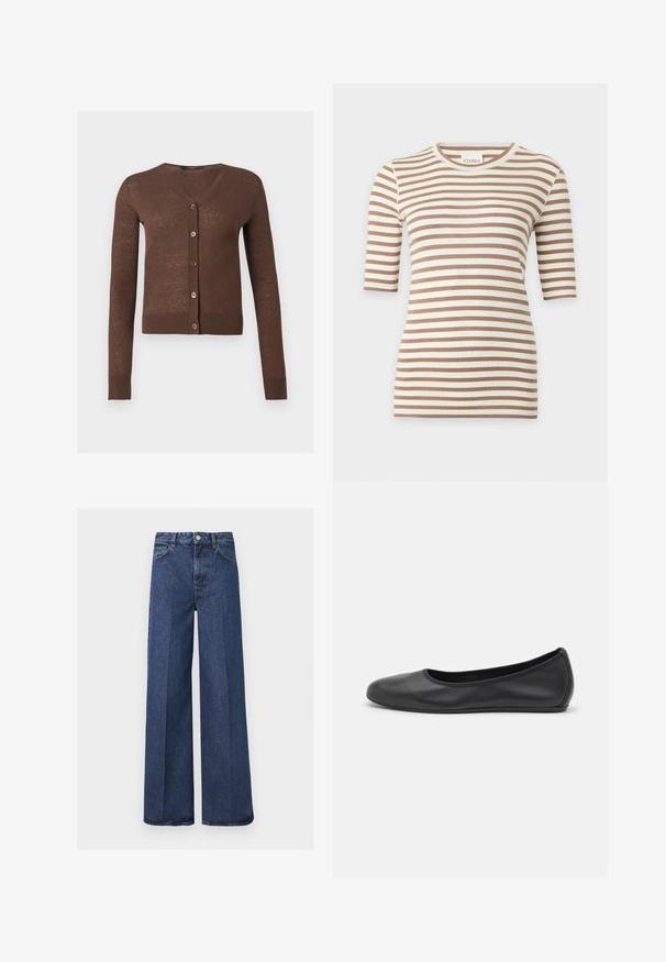 Brun cardigan med lange ermer og V-hals, fem knapper foran, ribbestrikkede mansjetter og kant.; Beige og hvit horisontalt stripet kortermet strikket topp med rund hals og smal passform.; Mørkeblå høytlivs vidbente jeans med frontlommer, beltehemper, knappelukking og synlige pressfolder nedover bena.; Svart skinnballettflatt med rund tå, glatt tekstur, minimal sømdetalj, og et fleksibelt såledesign.
