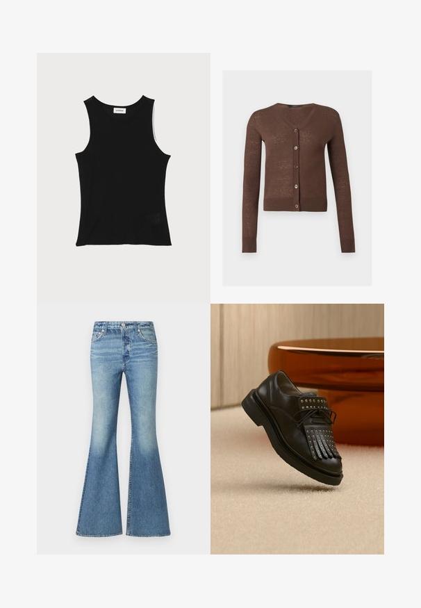 Brauner langärmeliger V-Ausschnitt Cardigan mit fünf Knöpfen vorne und gerippten Bündchen und Saum.; Schwarzes, geripptes Tanktop mit rundem Ausschnitt und breiten Trägern, das eine subtile Texturierung und ein kleines Netzdetail am Saum aufweist.; Hellblaue Schlagjeans aus weichem Denimstoff mit hoher Taille, Farbverlauf an den Oberschenkeln und klassischem Fünf-Taschen-Design mit Metallbeschlägen.; Schwarzer Leder-Schnürschuh mit dekorativer Fransen und Metallnieten auf beigem Teppich neben braunen Möbeln.