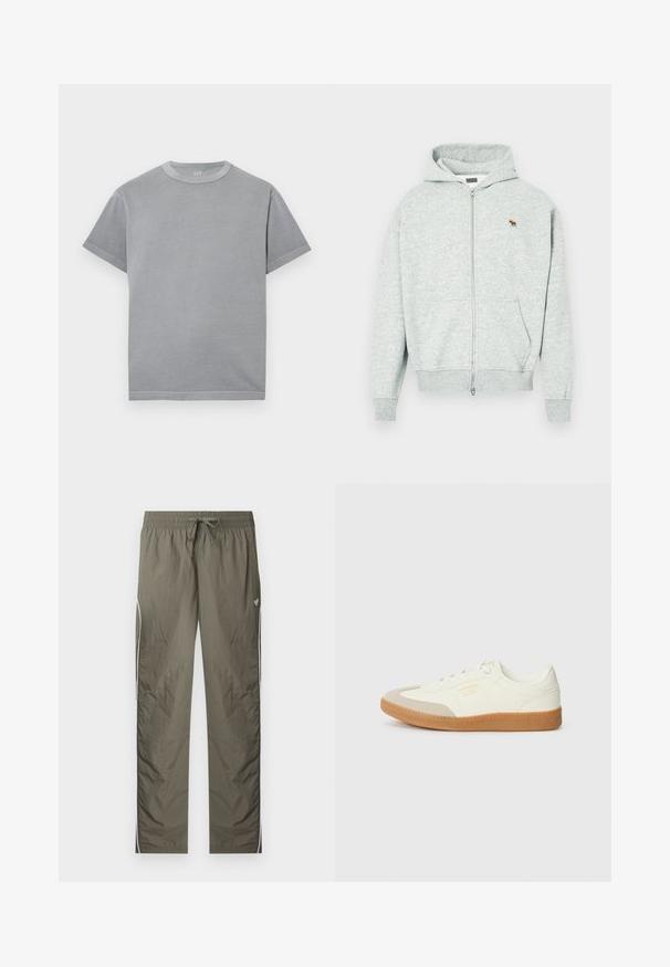 Haut à capuche gris zippé fabriqué en tissu doux, avec une fermeture éclair à l'avant et un petit logo d'animal brodé sur la poitrine. Comprend une capuche et des poches.; T-shirt gris uni à manches courtes avec col rond, coutures apparentes et petit logo GAP à l'intérieur du col.; Pantalon de sport léger vert olive avec taille élastique, cordon de serrage, bandes blanches sur les côtés et petit logo papillon sur la cuisse droite.; Baskets en cuir blanc avec une coque beige et une semelle en caoutchouc marron clair. Dotées de lacets blancs plats et d'un logo embossé sur le côté.