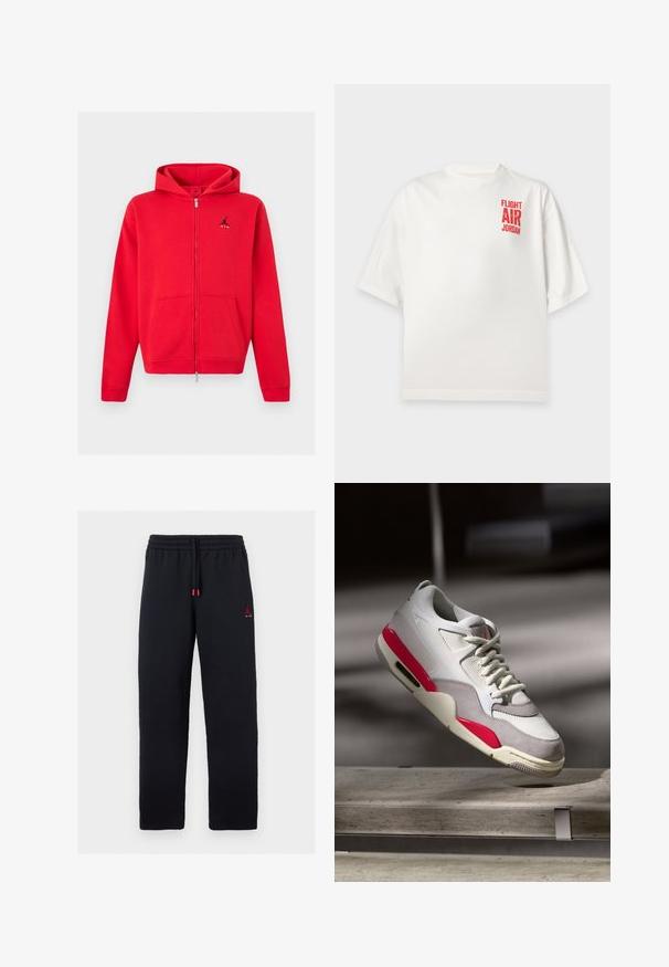 Červená mikina s kapucňou na celý zips, s kengurími vreckami a čiernym logom Jumpman s textom „AIR“ na ľavej strane hrudníka, zobrazená na neutrálnej pozadí.; Biele tričko s krátkym rukávom s červeným textom "Flight Air Jordan" v hornej ľavej časti hrude, zobrazené na jednoduchom pozadí.; Čierne tepláky s elastickým pásom a šnúrkou, malé červené logo Jumpman s textom "AIR" na ľavom stehne.; Svetlo šedé a biele tenisky s ružovými akcentmi a textúrovanou sieťovinou. Obsahujú aerodynamický dizajn a gumovú podrážku s vzduchovým odpružením.