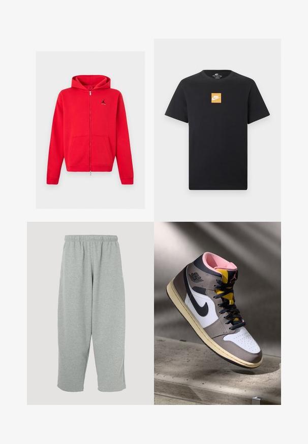 Roter Hoodie mit durchgehendem Reißverschluss, Kängurutaschen und schwarzem Jumpman-Logo mit dem Schriftzug „AIR“ auf der linken Brust, dargestellt auf neutralem Hintergrund.; Schwarzes Nike T-Shirt mit kurzen Ärmeln, einem kleinen orangefarbenen Quadratlogo und einem weißen Nike-Swoosh, der mittig auf der Brust platziert ist.; Hellgraue Jogginghose mit elastischem Bund, schmal zulaufendem Bein und weicher Textur. Keine sichtbaren Markenlogos oder Muster.; Hohe Nike Air Jordan Sneaker in Weiß, Grau und Schwarz mit pinkem Innenfutter und gelber Zunge, auf einer Betontfläche platziert.