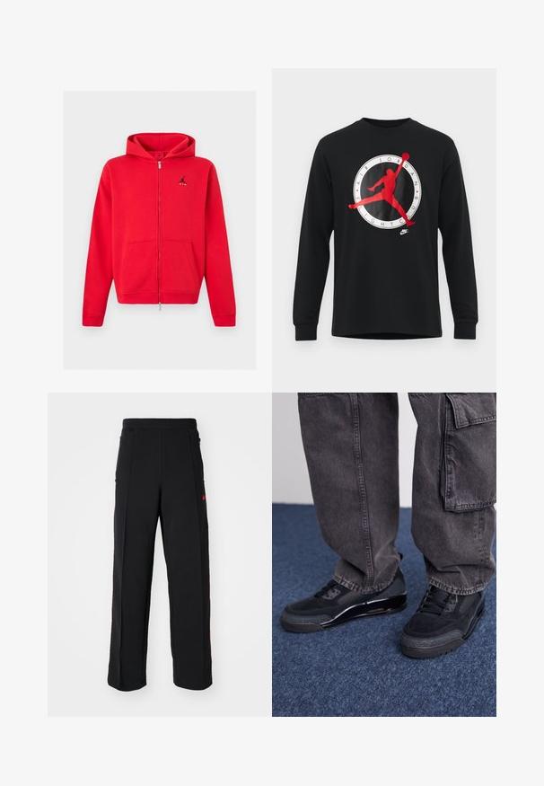 Červená mikina s kapucňou na celý zips, s kengurími vreckami a čiernym logom Jumpman s textom „AIR“ na ľavej strane hrudníka, zobrazená na neutrálnej pozadí.; Čierna dlhá rukávová košeľa s veľkým červeným a bielym logom Air Jordan, s obrysom hráča, ktorý vykonáva smeč v strede.; Čierne tepláky so voľným strihom, ktoré majú červené akcenty a vrecká po stranách. Materiál vyzerá mäkko a má hladkú textúru.; Čierne športové topánky s textúrovaným povrchom, hladkými akcentmi a masívnou podrážkou, skombinované so šedými, voľnými cargo nohavicami.