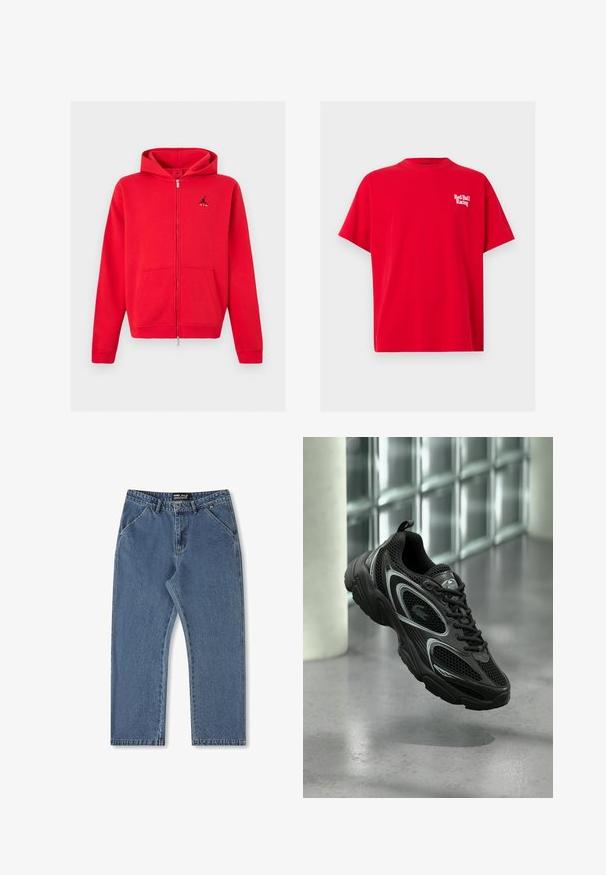 Rød hættetrøje med fuld lynlås med kængurulommer og sort Jumpman-logo med teksten "AIR" på venstre bryst, vist på en neutral baggrund.; Rød T-shirt med korte ærmer og rund hals med hvidt "Red Bull Racing" logo på venstre bryst.; Blå denimjeans med lige ben, medium talje og klassisk fem-lommer stil. Har subtil falming og syede detaljer.; Sort atletiksko med mesh og syntetisk materiale, der har en tekstureret sål, slankt design, sølvdetaljer og snørebånd foran.