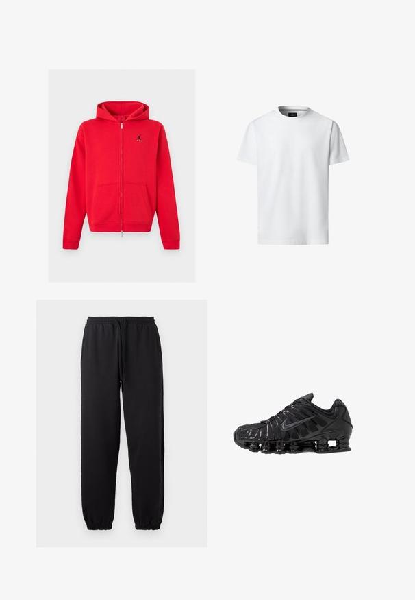 Sudadera con capucha roja con cremallera completa, bolsillos tipo canguro y logo Jumpman negro con texto "AIR" en el pecho izquierdo, mostrada sobre un fondo neutro.; Camiseta blanca lisa de manga corta y cuello redondo, mostrada sobre un fondo blanco, vista frontal con etiqueta de marca visible en el interior del cuello.; Pantalones jogger negros hechos de una tela suave, con cintura elástica y cordón ajustable, y dobladillos en los tobillos.; Zapatillas deportivas negras fabricadas con malla y materiales sintéticos, con un diseño ondulado distintivo, suela de goma negra y detalles reflectantes.