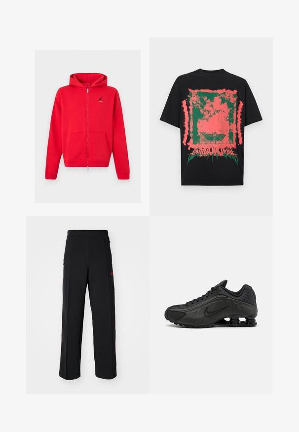 Červená mikina s kapucňou na celý zips, s kengurími vreckami a čiernym logom Jumpman s textom „AIR“ na ľavej strane hrudníka, zobrazená na neutrálnej pozadí.; Čierne tričko s abstraktným zeleným a ružovým škvrnitým štvorcovým dizajnom a skresleným textom v spodnej časti v strede.; Čierne tepláky so voľným strihom, ktoré majú červené akcenty a vrecká po stranách. Materiál vyzerá mäkko a má hladkú textúru.; Čierne bežecké topánky s hladkým syntetickým zvrškom, perforovanými akcentmi, textúrovanými bočnými panelmi a výraznou pružnou podrážkou.