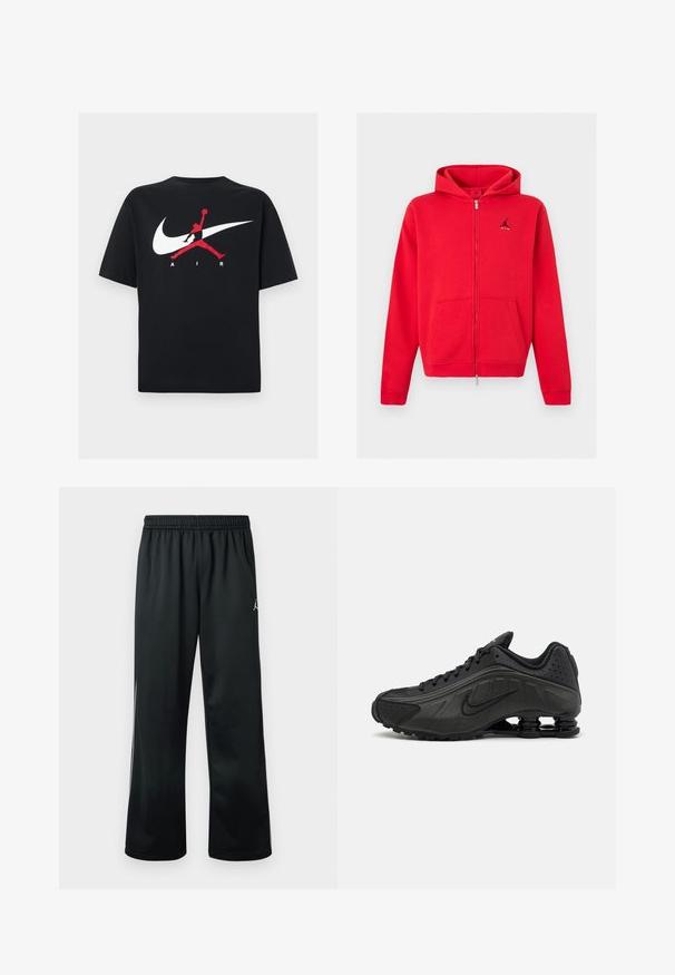 Sweat à capuche rouge zippé intégral avec poches kangourou et logo Jumpman noir avec texte « AIR » sur le côté gauche de la poitrine, présenté sur un fond neutre.; T-shirt en coton noir à col rond, avec un grand logo Nike swoosh blanc et un logo Jumpman rouge accompagné du texte "AIR" en blanc.; Pantalon de sport noir avec une taille élastique, arborant un logo blanc sur le côté supérieur et un tissu lisse et léger.; Baskets de course noires avec une tige en synthétique lisse, des accents perforés, des panneaux latéraux texturés et une semelle distincte et rebondissante.