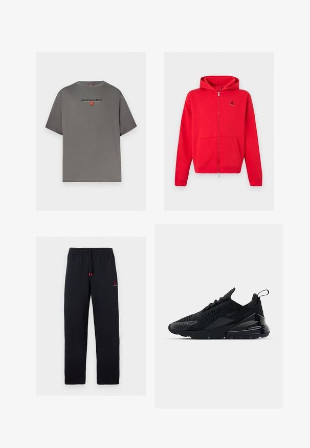 Sweat à capuche rouge zippé intégral avec poches kangourou et logo Jumpman noir avec texte « AIR » sur le côté gauche de la poitrine, présenté sur un fond neutre.; T-shirt gris à manches courtes avec le logo "OAKLEY" et un petit graphisme rouge centré sur la poitrine, présenté sur un fond blanc uni.; Pantalon de survêtement noir avec taille élastique et cordon, petit logo Jumpman rouge avec le texte "AIR" sur la cuisse gauche.; Baskets Nike Air Max 270 noires avec une tige texturée, des panneaux en mesh et un talon brillant comprenant une unité de coussin d'air bien visible.