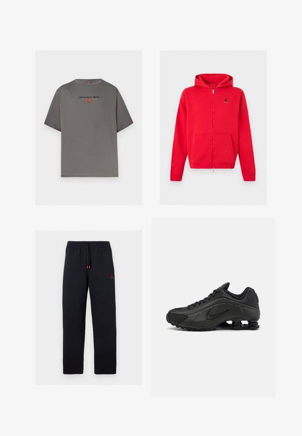Sweat à capuche rouge zippé intégral avec poches kangourou et logo Jumpman noir avec texte « AIR » sur le côté gauche de la poitrine, présenté sur un fond neutre.; T-shirt gris à manches courtes avec le logo "OAKLEY" et un petit graphisme rouge centré sur la poitrine, présenté sur un fond blanc uni.; Pantalon de survêtement noir avec taille élastique et cordon, petit logo Jumpman rouge avec le texte "AIR" sur la cuisse gauche.; Baskets de course noires avec une tige en synthétique lisse, des accents perforés, des panneaux latéraux texturés et une semelle distincte et rebondissante.