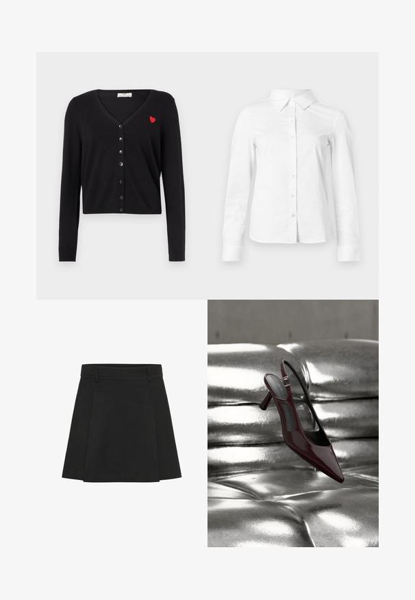 Cardigan noir avec col en V, manches longues et coupe courte. Présente une broderie de cœur rouge et une fermeture à boutons noirs sur le devant.; Chemise blanche à manches longues avec boutons, col pointu, ourlet droit et silhouette ajustée, présentée sur un fond clair uni.; Jupe plissée noire avec une taille structurée. Fabriquée à partir d'un tissu texturé, elle présente des plis distincts et un ourlet droit.; Escarpin slingback à talon haut, rouge foncé brillant avec bout pointu, présenté sur une surface en cuir argenté capitonné et brillant.