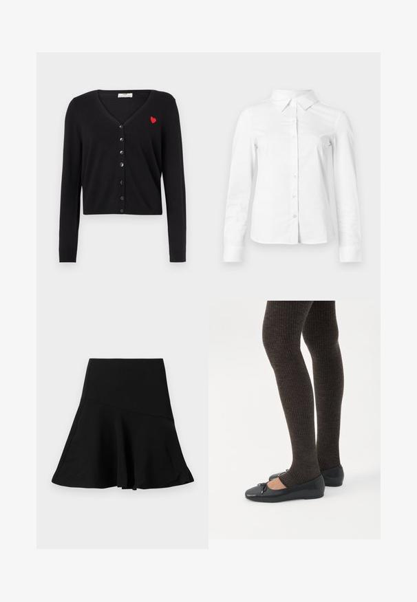 Schwarzer Cardigan mit V-Ausschnitt, langen Ärmeln und kurzem Schnitt. Verfügt über eine rote Herzstickerei und eine schwarze Knopfverschlussleiste vorne.; Weißes langärmeliges Hemd mit spitzem Kragen, geradem Saum und taillierter Silhouette, auf hellem, einfarbigem Hintergrund dargestellt.; Schwarzer, schwingender Rock mit asymmetrischem Nahtdetail, aus glattem Stoff, flach auf einem weißen Hintergrund präsentiert.; Beine in dunklen, gerippten Leggings kombiniert mit schwarzen Ballerinas mit kleinen Schleifendetails auf weißem Hintergrund.
