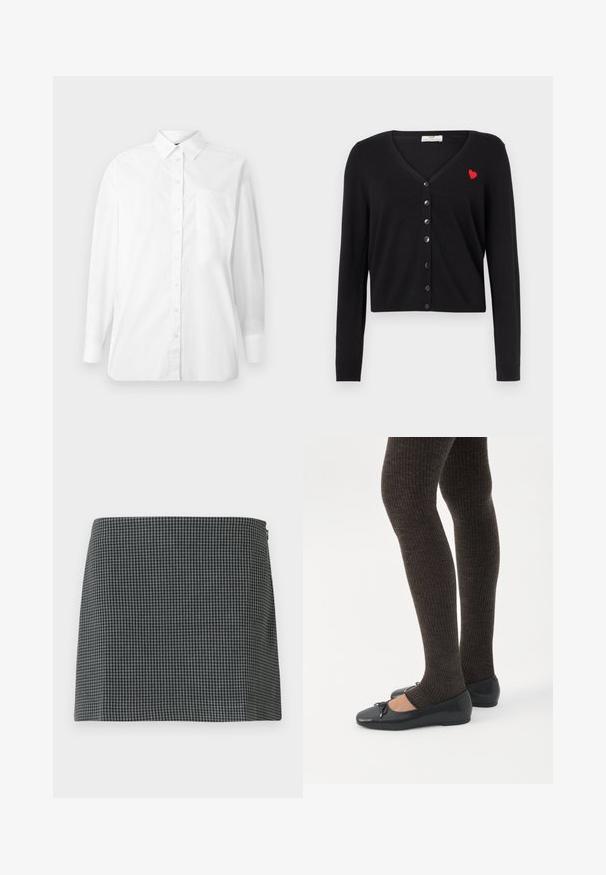 Zwarte cardigan met een V-hals, lange mouwen en een cropped ontwerp. Voorzien van een rode hartborduring en zwarte knoopsluiting aan de voorkant.; Witte langhuisshirt met knopen en kraag, met een borstzak, weergegeven tegen een eenvoudige witte achtergrond.; Zwart-wit geblokte rok gemaakt van stof met een gladde textuur. Heeft een rechte silhouette en een ritssluiting aan de zijkant.; Benen met donkere geribbelde leggings gecombineerd met zwarte ballerina's met kleine strikdetails op een witte achtergrond.