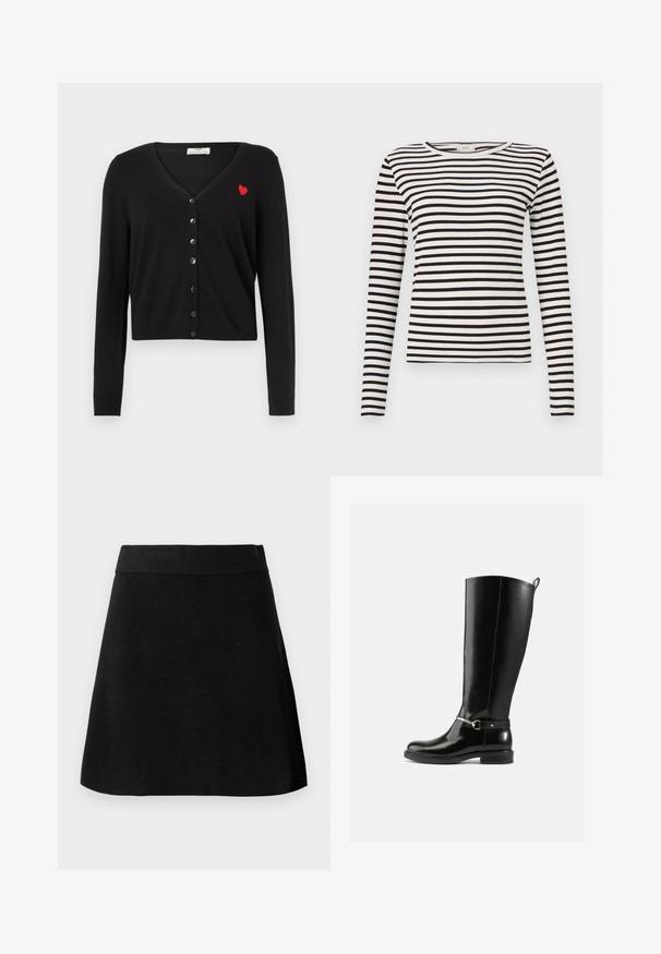 Sort cardigan med V-hals, lange ærmer og cropped design. Har en rød hjertebroderi og sort knaplukning foran.; Sort og hvid stribet langærmet skjorte med rund halsudskæring og tætsiddende ribbet tekstur. Balanceret stribebredde over det hele.; Sort A-line nederdel med bred talje, glat tekstur og enkelt design, vist mod en lysegrå baggrund.; Sorte knæhøje støvler lavet af blankt læder med en sølvfarvet spænde ved anklen og rundet snude. Flad sål.
