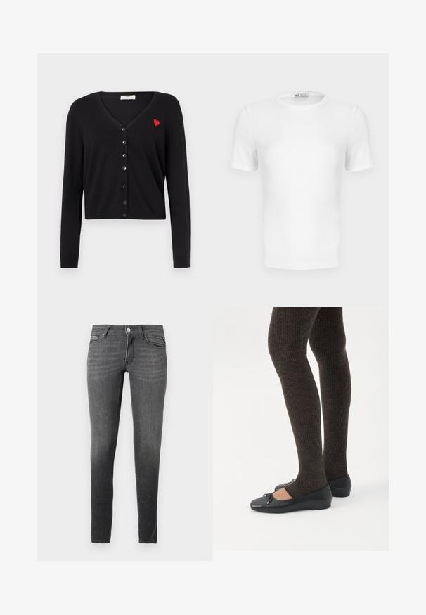 Μαύρο cardigan με V-λαιμόκοψη, μακριά μανίκια και κοντή σχεδίαση. Διαθέτει κόκκινη κεντητή καρδιά και κούμπωμα με μαύρα κουμπιά μπροστά.; Λευκό κοντομάνικο ριμπ T-shirt με στρογγυλή λαιμόκοψη, εφαρμοστή γραμμή και μικρή ετικέτα της μάρκας μέσα στο κολάρο.; Τζιν σε στενή εφαρμογή σε σκούρο γκρι τζιν ύφασμα με ξεθωριασμένο εφέ, πέντε τσέπες και κούμπωμα με μεταλλικό κουμπί. Λεία ζώνη στη μέση, ομαλή υφή.; Πόδια με σκουρόχρωμα ριμπ κολάν συνδυασμένα με μαύρα μπαλαρίνα παπούτσια με μικρές λεπτομέρειες φιόγκων σε λευκό φόντο.