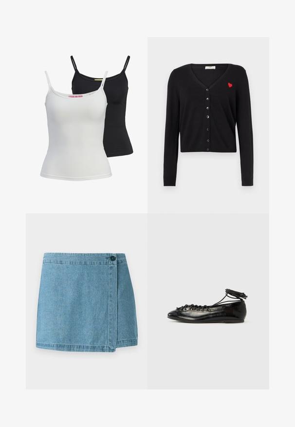 Cárdigan negro con cuello en V, mangas largas y diseño corto. Presenta un bordado de corazón rojo y cierre frontal con botones negros.; Dos camisetas sin mangas básicas en negro y blanco, hechas de una tela suave y elástica. Presentan tirantes finos y un diseño simple y ajustado.; Falda de mezclilla en azul claro, con un diseño envolvente que incluye un cierre de botón único y un dobladillo cosido. Textura suave sin patrones.; Zapatos planos tipo ballet de charol negro con punta redondeada, diseño con cordones y suela plana. Textura lisa con detalles mínimos.