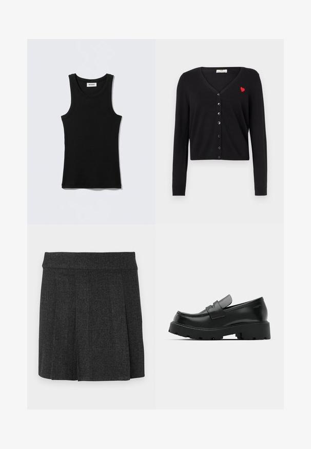 Cardigan noir avec col en V, manches longues et coupe courte. Présente une broderie de cœur rouge et une fermeture à boutons noirs sur le devant.; Débardeur noir en coton, avec un col rond et des bretelles étroites. Design simple, sans motifs ni accents visibles.; Jupe noire plissée en tissu texturé. Ceinture mi-haute avec des lignes épurées. Coupe classique adaptée à diverses occasions.; Mocassins en cuir noir avec une semelle épaisse et texturée, dotés d'une sangle sur le vamp et d'une finition lisse et polie.