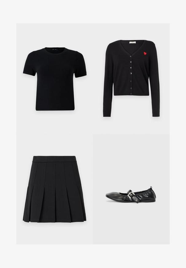 Cárdigan negro con cuello en V, mangas largas y diseño corto. Presenta un bordado de corazón rojo y cierre frontal con botones negros.; Camiseta negra de manga corta con cuello redondo, hecha de tela suave. Presenta un corte clásico y un diseño limpio y sencillo.; Falda negra plisada hecha de un material liso. Cuenta con una cinturilla ancha y múltiples pliegues tipo cuchillo que se extienden verticalmente.; Zapato plano de piel negra con puntera afilada, detalle fruncido alrededor de la abertura y un acento de hebilla plateada en la correa ajustable.