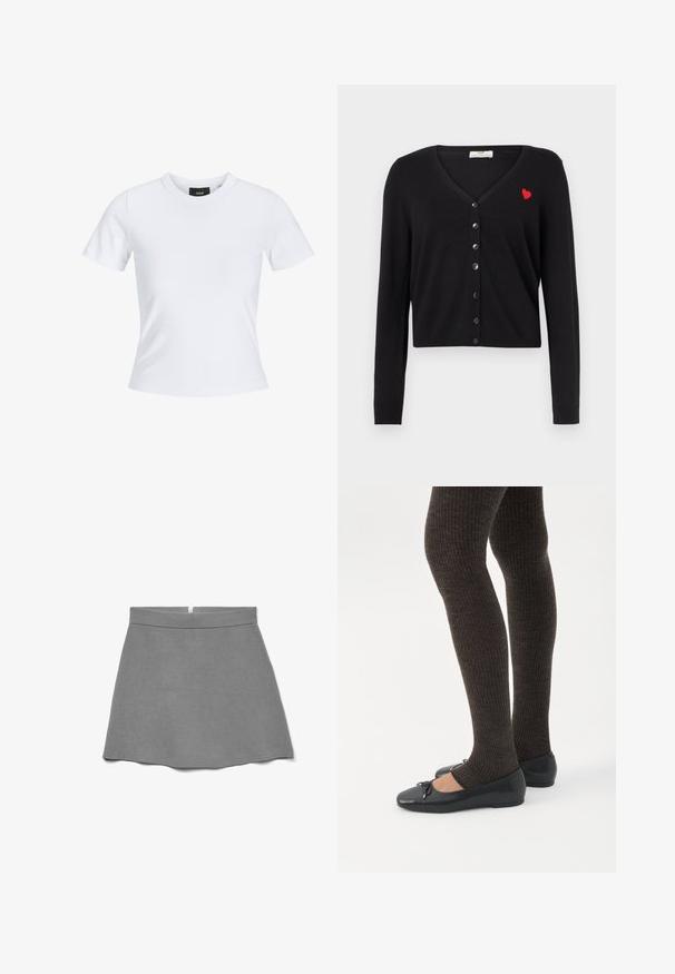 Cárdigan negro con cuello en V, mangas largas y diseño corto. Presenta un bordado de corazón rojo y cierre frontal con botones negros.; Camiseta blanca ajustada de manga corta con cuello redondo y una pequeña etiqueta negra en el interior del cuello.; Falda gris hecha de tela suave, con cintura alta, forma acampanada y una cremallera oculta en la parte trasera.; Piernas con leggings oscuros acanalados combinados con bailarinas negras que presentan pequeños detalles de lazo sobre un fondo blanco.