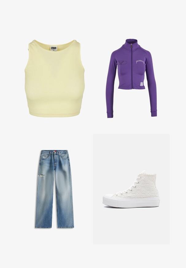 Veste de sport violette zippée avec col montant, manches longues et détails brodés sur la poitrine. Fabriquée en tissu extensible.; Crop top côtelé jaune clair avec un col rond et sans manches. Comprend une étiquette avec "URBAN CLASSICS" à l'intérieur du col.; Jean bleu clair taille mi-haute coupe décontractée avec légère usure sur la cuisse gauche et design classique à cinq poches.; Baskets montantes blanches avec motif floral en dentelle, semelle en caoutchouc et lacets blancs sur fond clair uni.
