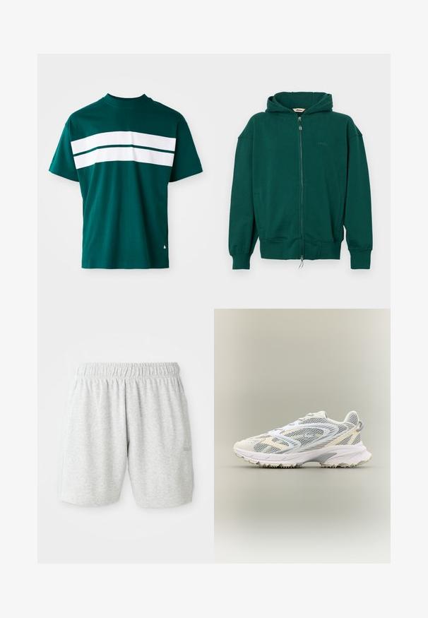 Sudadera verde con cremallera fabricada en mezcla de algodón. Cuenta con capucha con cordón, puños acanalados y bolsillos laterales. Logo grabado en el pecho.; Camiseta de algodón en color azul verdoso con cuello redondo, mangas cortas y rayas horizontales blancas en el pecho. Ajuste ligeramente relajado.; Pantalones cortos de algodón grises con una cintura elástica, que presentan una textura suave y bolsillos laterales. Detalle sutil del logo en el dobladillo.; Zapatilla deportiva blanca con paneles de malla gris, superposiciones texturizadas, un collar acolchado y una suela de goma con pequeños picos de tracción.