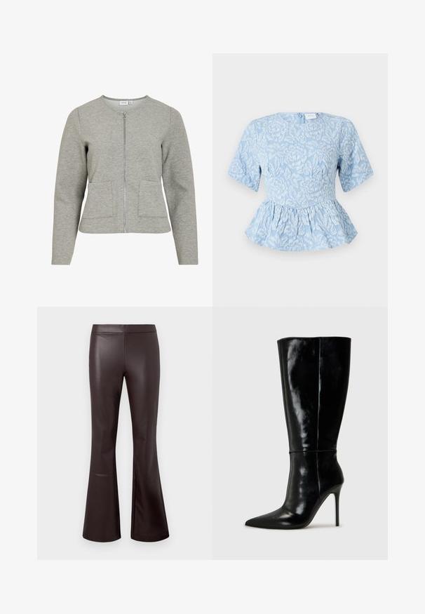 Chaqueta gris claro de manga larga con cremallera, cuello redondo y dos bolsillos delanteros, hecha de tejido suave y texturizado.; Top peplum azul claro con mangas cortas, bordado floral texturizado, escote redondo y cremallera oculta en la parte trasera.; Pantalones de imitación de cuero marrón acampanados con una textura suave, cintura alta y un diseño limpio, que presentan piernas acampanadas en el dobladillo para un estilo añadido.; Botas de cuero negro hasta la rodilla con punta afilada y tacón alto de aguja. Textura suave y diseño elegante, con detalles mínimos.