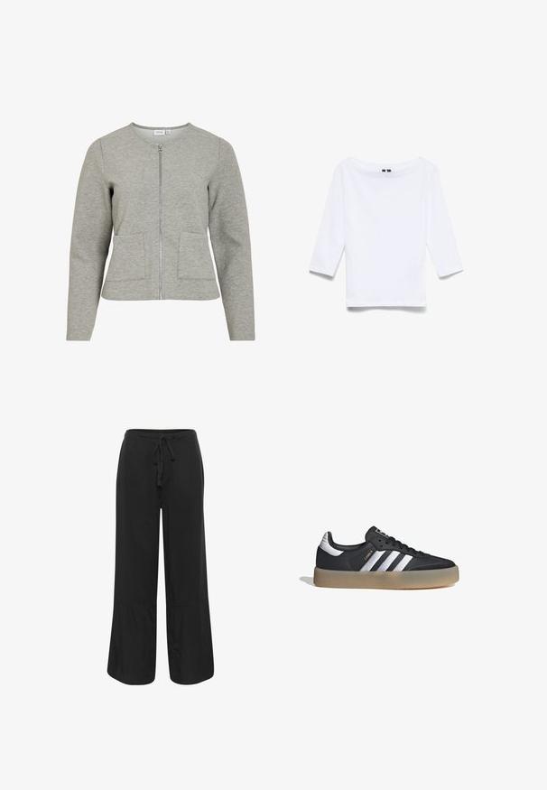 Chaqueta gris claro de manga larga con cremallera, cuello redondo y dos bolsillos delanteros, hecha de tejido suave y texturizado.; Camisa blanca de manga tres cuartos hecha de una mezcla de algodón; presenta un amplio escote barco y una textura suave y ligera.; Culture CUNAVI CLARINA - Pantalones - black; Zapatilla deportiva de cuero negro con tres rayas plateadas, punta texturizada y suela de goma. Cuenta con un collar acolchado y un diseño con cordones.