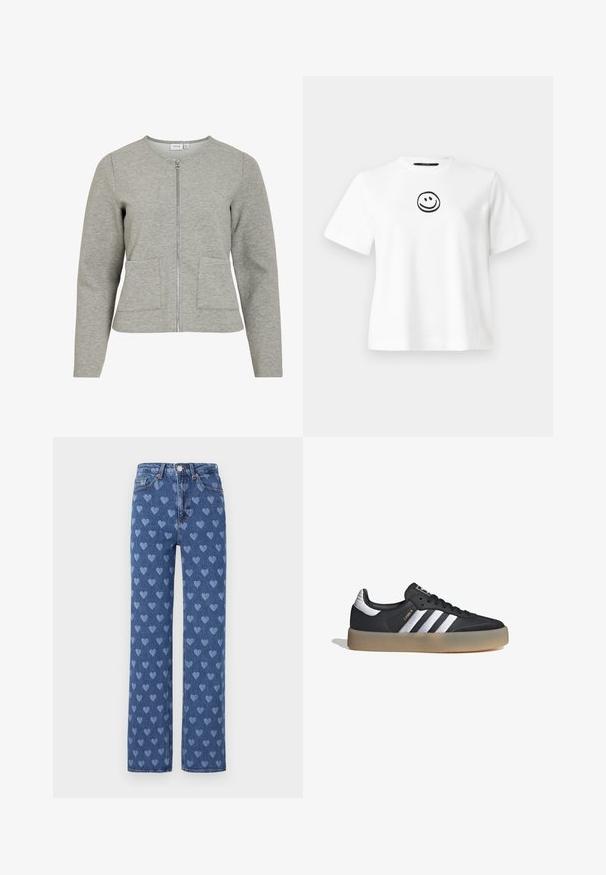 Chaqueta gris claro de manga larga con cremallera, cuello redondo y dos bolsillos delanteros, hecha de tejido suave y texturizado.; Camiseta de algodón blanca con mangas cortas, un escote redondo y una cara sonriente bordada en negro en el centro. Textura suave.; Vaqueros de mezclilla azul con corte recto, que presentan un patrón de corazones en azul claro repetido, botones de cobre y un diseño tradicional de cinco bolsillos.; Zapatilla deportiva de cuero negro con tres rayas plateadas, punta texturizada y suela de goma. Cuenta con un collar acolchado y un diseño con cordones.