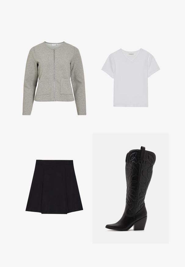 Veste gris clair à manches longues avec fermeture éclair, col rond et deux poches avant, confectionnée en tissu doux texturé.; T-shirt blanc à manches courtes en V, en tissu côtelé. Présente un design épuré avec un ourlet droit et un minimum de détails.; Jupe patineuse noire en tissu doux, avec une taille ajustée, des plis à l'avant et un ourlet évasé arrivant au genou.; Bottes hautes en cuir noir jusqu'aux genoux avec bout pointu et talon empilé. Caractéristiques de coutures décoratives et éléments de design courbés.
