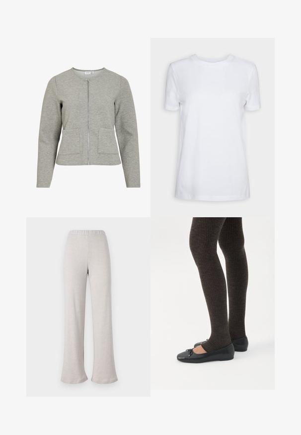 Veste gris clair à manches longues avec fermeture éclair, col rond et deux poches avant, confectionnée en tissu doux texturé.; T-shirt blanc uni à manches courtes, col rond, coupe régulière, avec une petite étiquette à l’intérieur du col indiquant "SELECTED FEMME."; Pantalons évasés beige clair en tissu texturé, avec une taille élastique et une coupe large, idéaux pour un usage décontracté.; Jambes portant des leggings côtelés foncés associés à des ballerines noires avec de petits détails en nœud sur fond blanc.