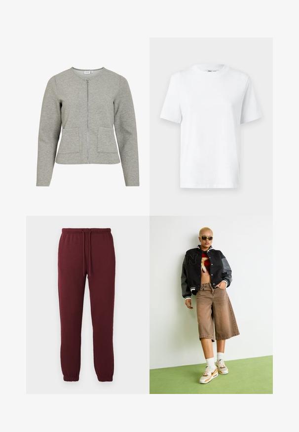 Hellgraue, langärmelige, durchgehende Jacke mit Reißverschluss, rundem Ausschnitt und zwei vorderen Taschen, aus weichem, strukturiertem Stoff.; Weißes Baumwoll-T-Shirt mit Rundhalsausschnitt, kurzärmlig und mit glatter Textur. Entworfen mit einer lockeren Passform für Komfort und Vielseitigkeit.; Bordeauxfarbene Jogginghose mit elastischem Bund, Kordelzug, Seitentaschen und elastischen Bündchen vor einem schlichten weißen Hintergrund.; Person mit kurzen blonden Haaren, die Sonnenbrillen trägt, eine schwarze Varsity-Jacke, ein grafisches Crop-Top, braune weite Shorts und weiße Nike-Sneaker trägt, steht auf einem grünen Boden.