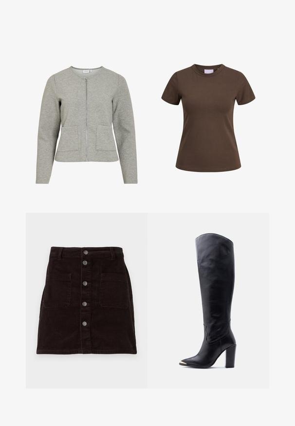 Lysegrå, langærmet jakke med lynlås, rund hals og to forlommer, lavet af blødt textureret stof.; Brun tætsiddende T-shirt med korte ærmer og rund halsudskæring, vist på hvid baggrund.; Brun corduroy nederdel med et tætsiddende design, frontlukning med knapper, to sidelommer og lodret ribbet tekstur hele vejen igennem.; Sort læder knæhøj støvle med spids tå, guldfarvet metalspids og blokhøj hæl på hvid baggrund.