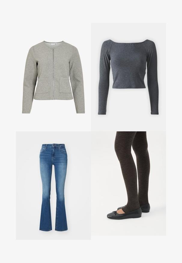Lysegrå, langærmet jakke med lynlås, rund hals og to forlommer, lavet af blødt textureret stof.; Grå, langærmet, cropped top lavet af blødt stof med firkantet halsudskæring og tætsiddende design. Ingen synlige mønstre eller udsmykninger.; Højtaljede klokkejeans i lyseblå denim, med en glat tekstur, lynlås med en knap og to frontlommer.; Ben iført mørke ribbede leggings kombineret med sorte balletsko med små sløjfedetaljer på hvid baggrund.