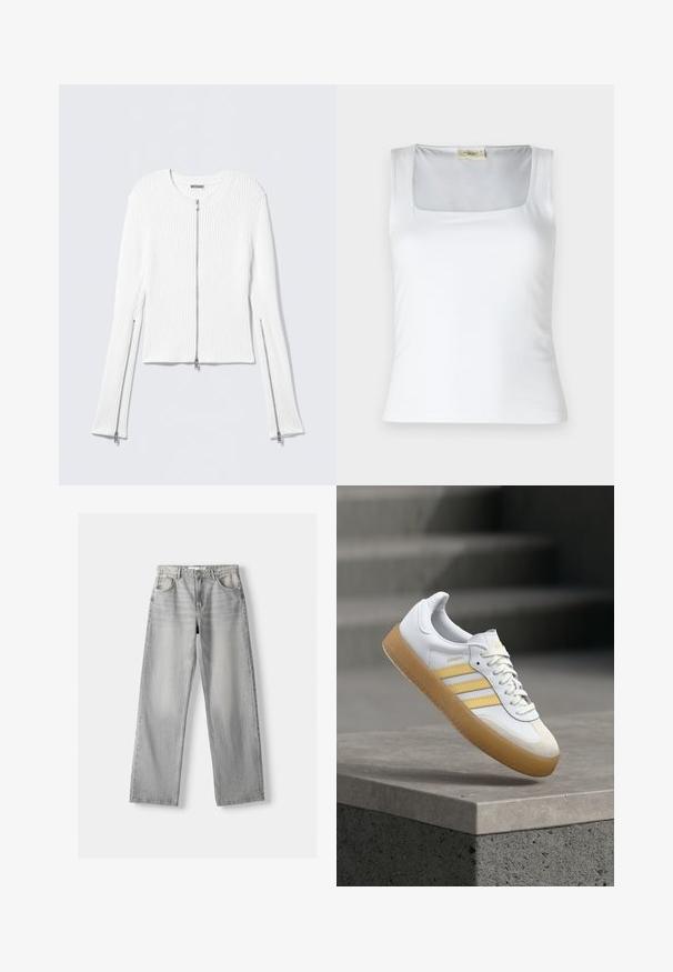 Veste en maille côtelée blanche avec col rond, coupe courte, et fermetures éclair argentées sur le devant et les côtés des manches longues.; Débardeur blanc à encolure carrée fabriqué en tissu lisse. Présente des bretelles larges et une silhouette ajustée. Aucune motif ou ornement visible.; Jean en denim gris clair avec une coupe droite, dotée de deux poches avant, d'un bouton de fermeture et d'un léger délavage pour la texture.; Baskets en cuir blanc avec des accents jaunes, trois bandes, et une semelle en caoutchouc gomme. Dotées d'un bout arrondi et d'une languette texturée.