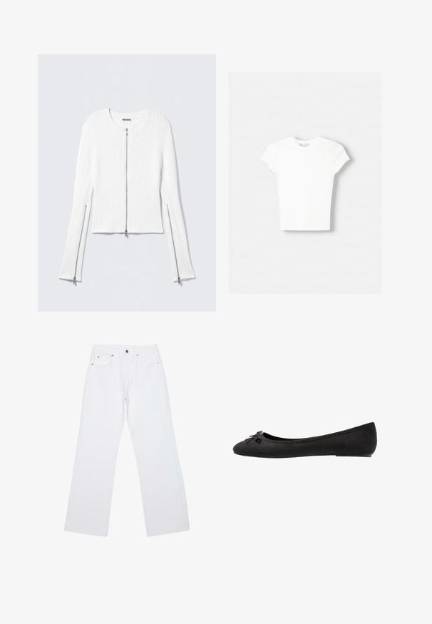 Veste en maille côtelée blanche avec col rond, coupe courte, et fermetures éclair argentées sur le devant et les côtés des manches longues.; T-shirt blanc à manches courtes en coton doux, avec un col rond et une coupe ajustée. Pas de motifs ni d'ornements visibles.; Jean droit blanc avec cinq poches, passants de ceinture et fermeture avant par bouton et zip, posé à plat sur un fond blanc.; Ballerines en daim noir avec un bout arrondi, ornées d'un nœud décoratif à l'avant et d'une semelle plate. Texture lisse et forme classique.