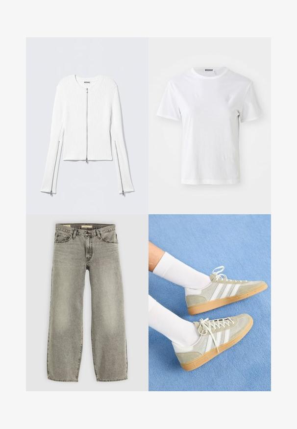 Chaqueta blanca de punto acanalado con cuello redondo, diseño corto y cremalleras plateadas delanteras y laterales en las mangas largas.; Camiseta blanca de manga corta hecha de una tela suave. Cuenta con un escote redondo y un corte recto, con una etiqueta en el cuello interior.; Jeans de pernera ancha en gris claro, hechos de denim. Presentan un estilo tradicional de cinco bolsillos y un ligero desgaste en toda la tela.; Zapatillas de ante gris claro con acentos de goma blanca, que presentan tres franjas blancas y una suela de goma, llevadas con calcetines blancos sobre un fondo azul.