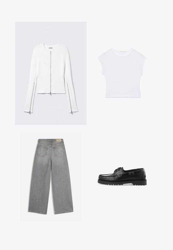 Veste en maille côtelée blanche avec col rond, coupe courte, et fermetures éclair argentées sur le devant et les côtés des manches longues.; T-shirt court blanc à manches courtes avec col rond, en tissu lisse, posé à plat sur un fond blanc.; Jean en denim gris à jambes larges montrant l'arrière avec deux poches et des passants de ceinture, posé à plat sur fond blanc.; Bateau en cuir noir présentant un design mocassin, un bout arrondi, des coutures décoratives et une semelle en caoutchouc texturé avec des crampons.