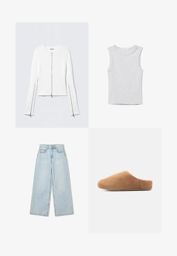 Hvid ribstrikket jakke med rund hals, kort design og sølv lynlåse foran og i siden på lange ærmer.; Ærmeløs lysegrå cropped tanktop med rund halsudskæring, lavet af blødt strikstof.; Lyseblå, vide jeans lavet af denim, med høj talje, fem lomme-design og synlige sømme langs kanterne.; Tan ruskind slip-on hjemmesko med lukket tå, åben hæl, flad sål og lille UGG-logo på siden, vist i profil.