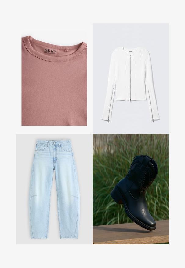 Chaqueta blanca de punto acanalado con cuello redondo, diseño corto y cremalleras plateadas delanteras y laterales en las mangas largas.; Camiseta de manga larga en color rosa polvoriento, hecha de algodón suave, con un sencillo cuello redondo y una textura lisa. La etiqueta dice "NEXT."; Jeans de mezclilla azul claro con un ajuste relajado, que presentan una cintura alta, diseño de cinco bolsillos y un ligero desvanecimiento con detalles de dobladillo deshilachado.; Bota de vaquero de cuero negro con costuras decorativas, ligeramente elevada sobre una superficie de madera, con césped verde desenfocado en el fondo.